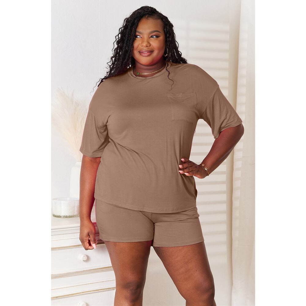 Mocha Brown 2X 3X Two Piece Rayon Half Sleeve Top Shorts Set Casual NEW